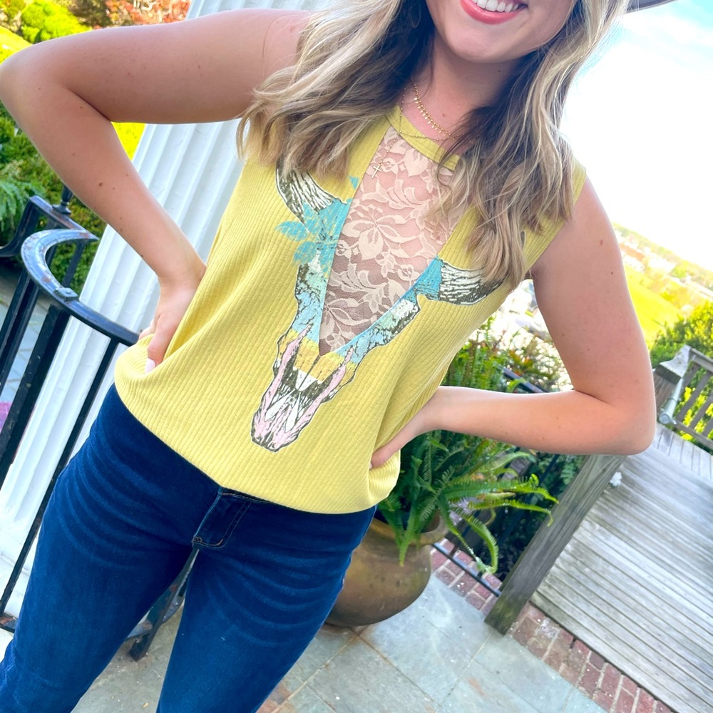 Western mustard color tank with lace detail